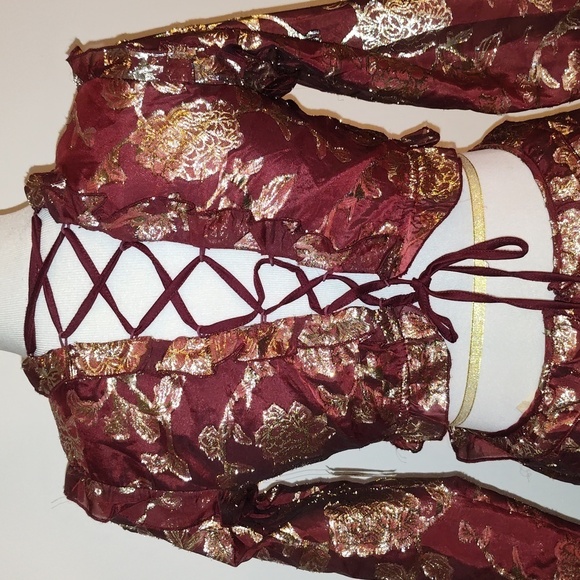 Altar’d State Burgundy, Gold flowers Dress w Cut outs + Lace up Back  si… - Picture 3 of 16
